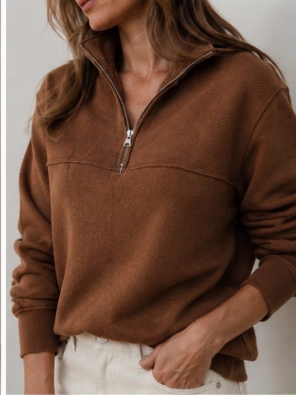 Jenni Kayne quarter zip cocoa brown Pullover Sweatshirt fall S